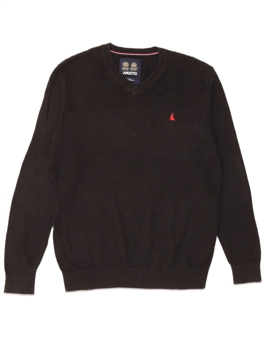 Musto Mens V-Neck Jumper Sweater Medium Black Cotton