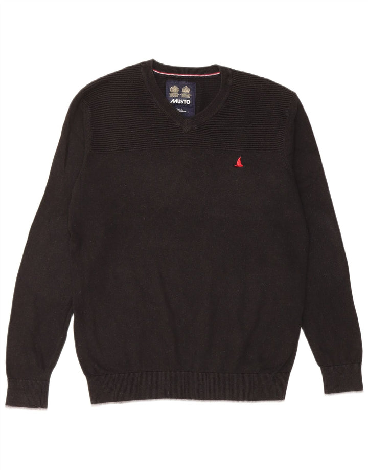 Musto Mens V-Neck Jumper Sweater Medium Black Cotton