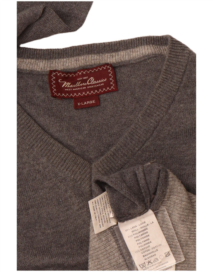 MARLBORO CLASSICS Mens V-Neck Jumper Sweater XL Grey Wool