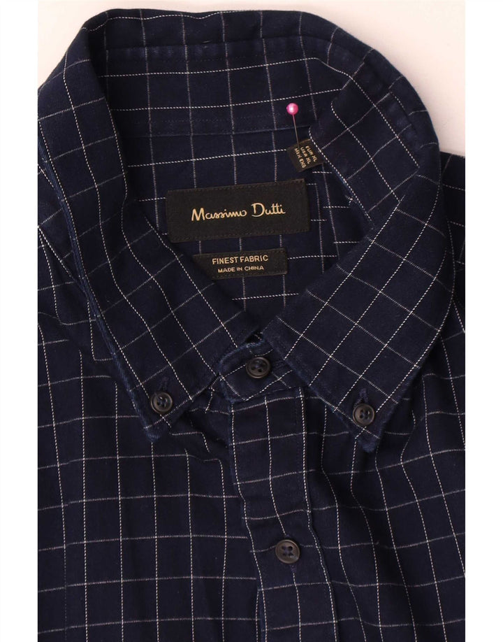 Massimo Dutti Mens Flannel Shirt XL Navy Blue Check Cotton