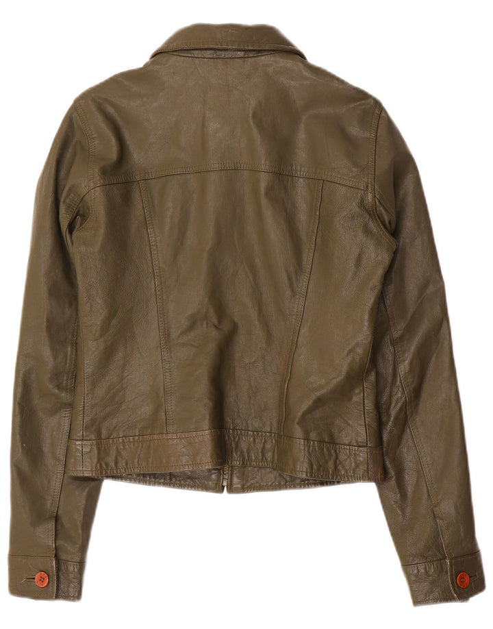 Zara Womens Trafaluc Crop Leather Jacket UK 12 Medium Khaki Leather
