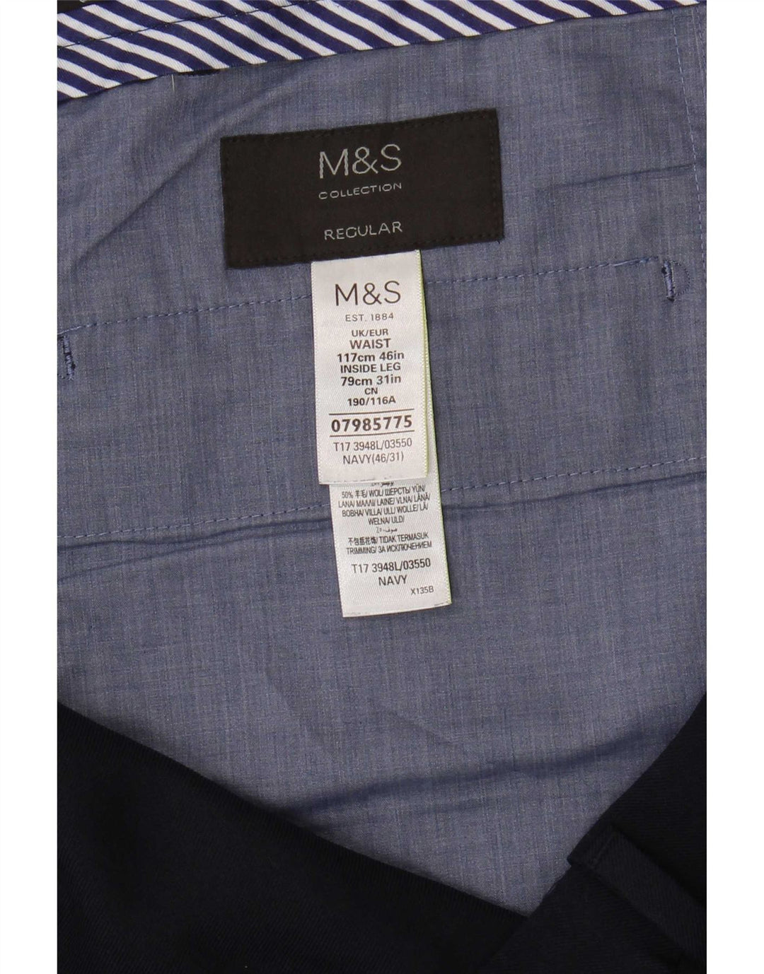 Marks & Spencer Mens Regular Fit Suit Trousers W46 L31 Navy Blue Polyester