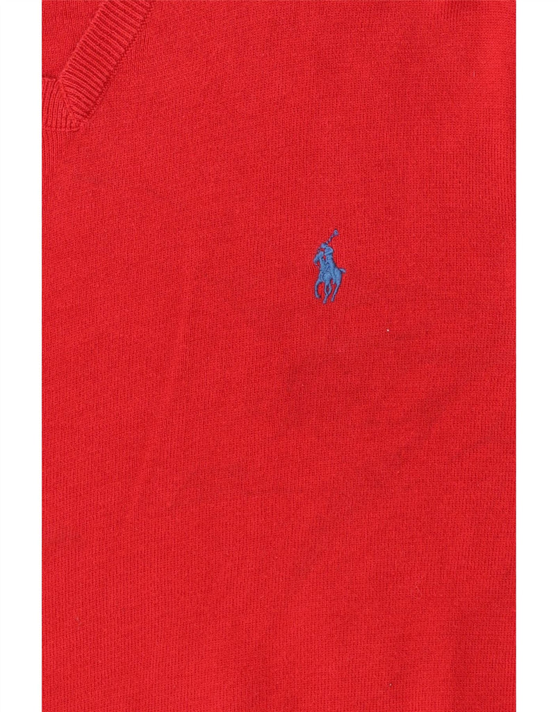 RALPH LAUREN Mens V-Neck Jumper Sweater Medium Red Cotton Vintage Ralph Lauren and Second-Hand Ralph Lauren from Messina Hembry 