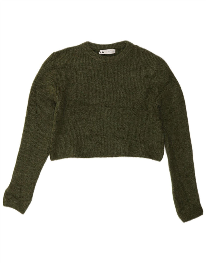 ZARA Womens Crop Crew Neck Jumper Sweater UK 8 Small Green Acrylic