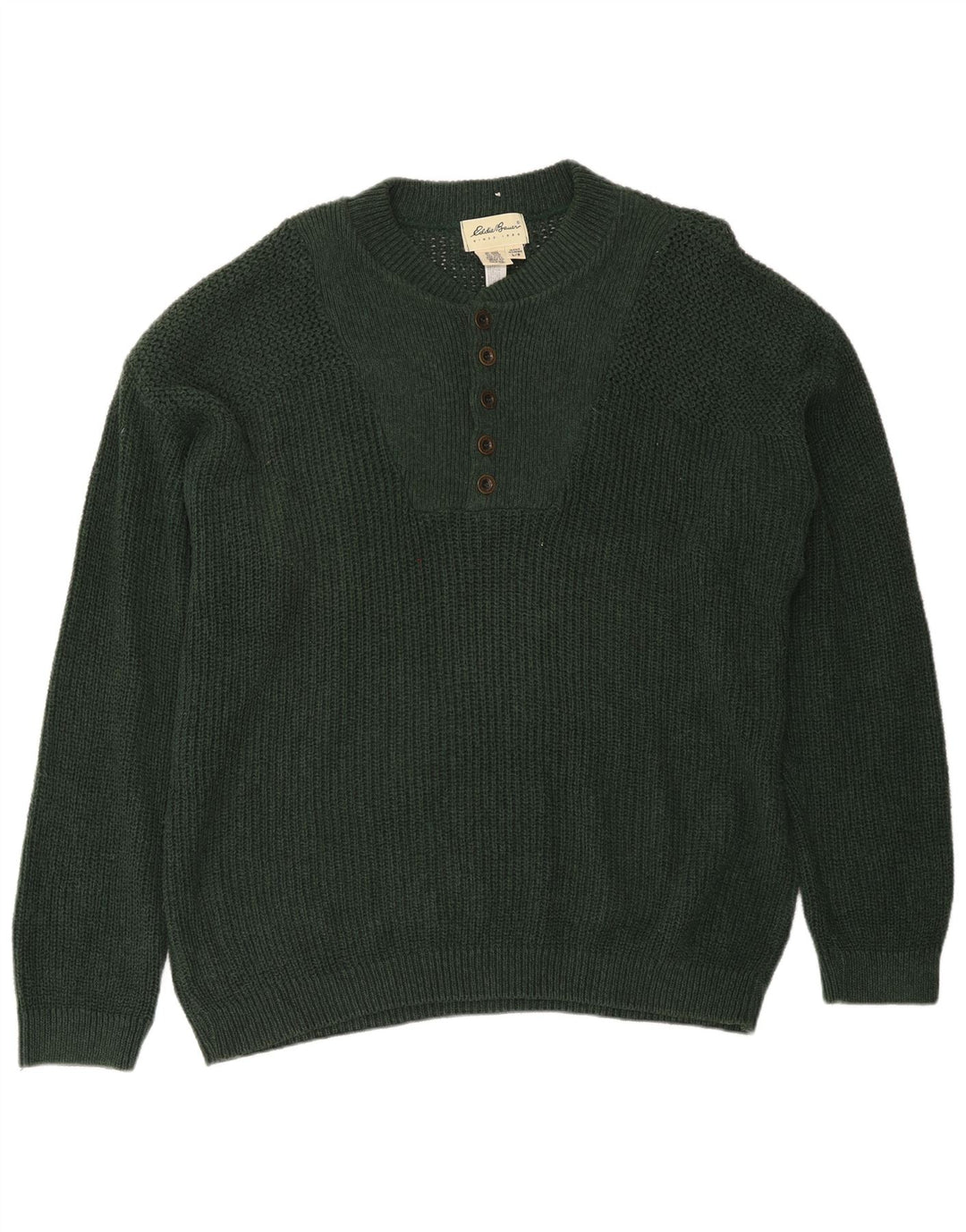 Eddie Bauer Mens Button Neck Jumper Sweater Large Green Cotton