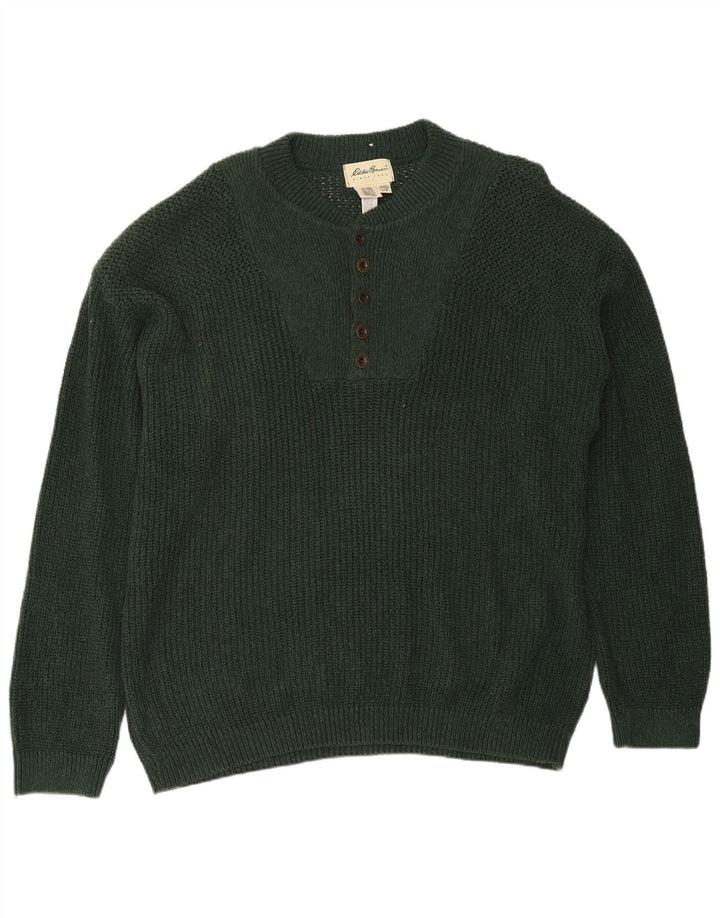 Eddie Bauer Mens Button Neck Jumper Sweater Large Green Cotton