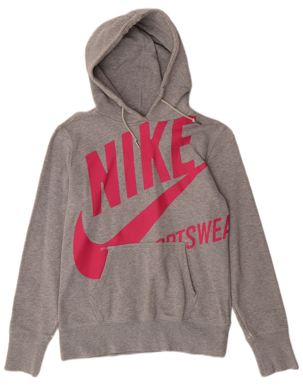 NIKE Womens Standard Fit Graphic Hoodie Jumper UK 14 Medium Grey Cotton