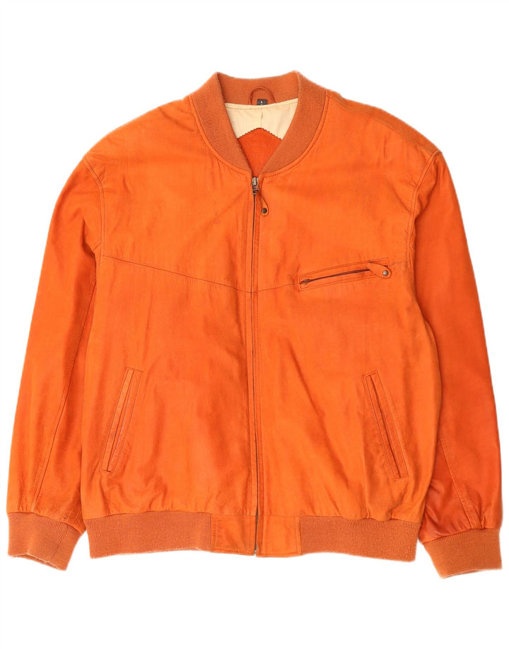 C&A Mens Leather Bomber Jacket UK 40 Large Orange Leather