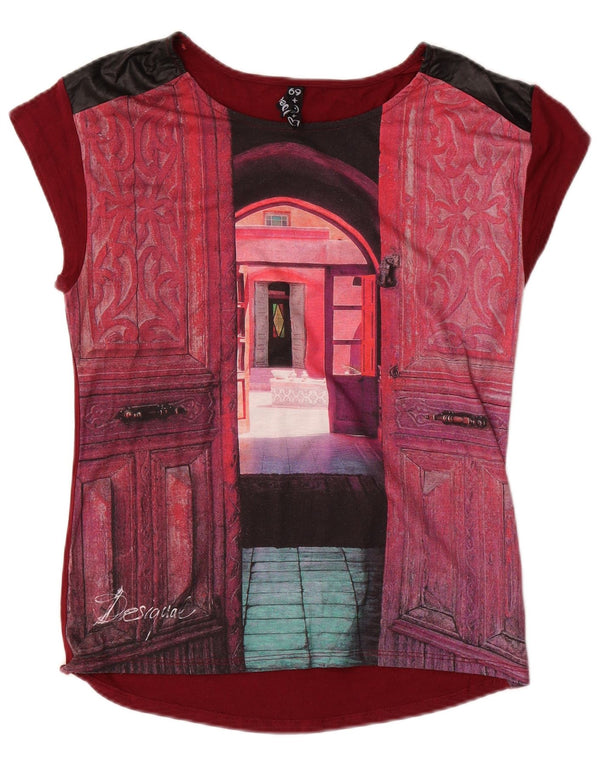 DESIGUAL Womens Graphic T-Shirt Top UK 10 Small Burgundy Viscose