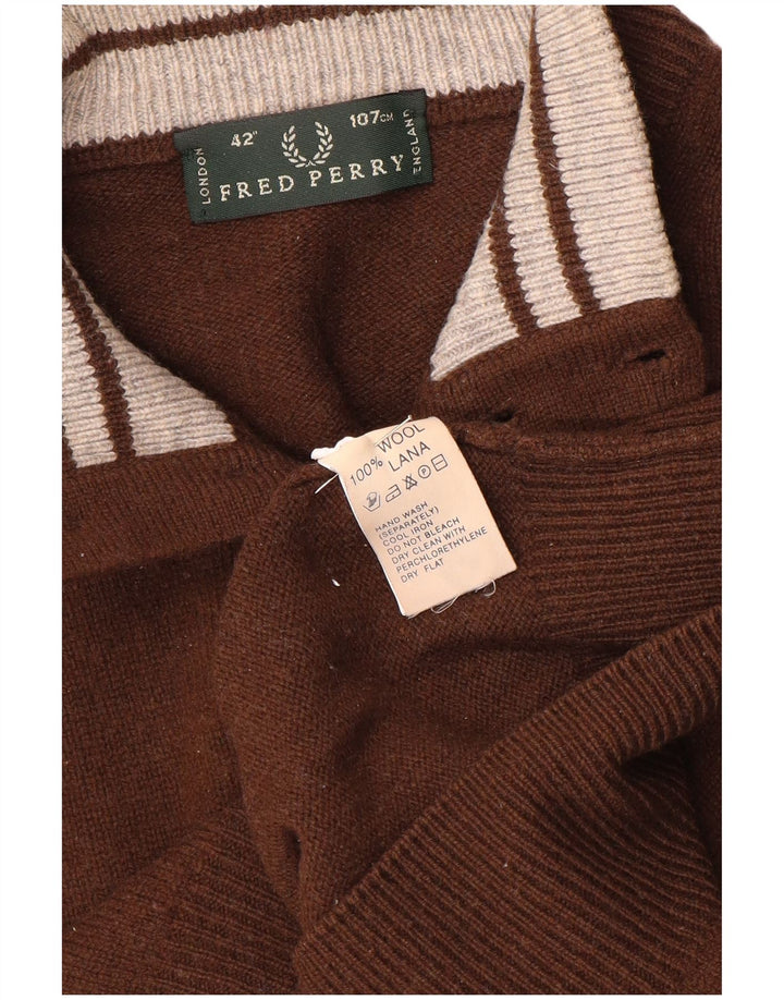 Fred Perry Mens Button Neck Jumper Sweater Large Brown Wool