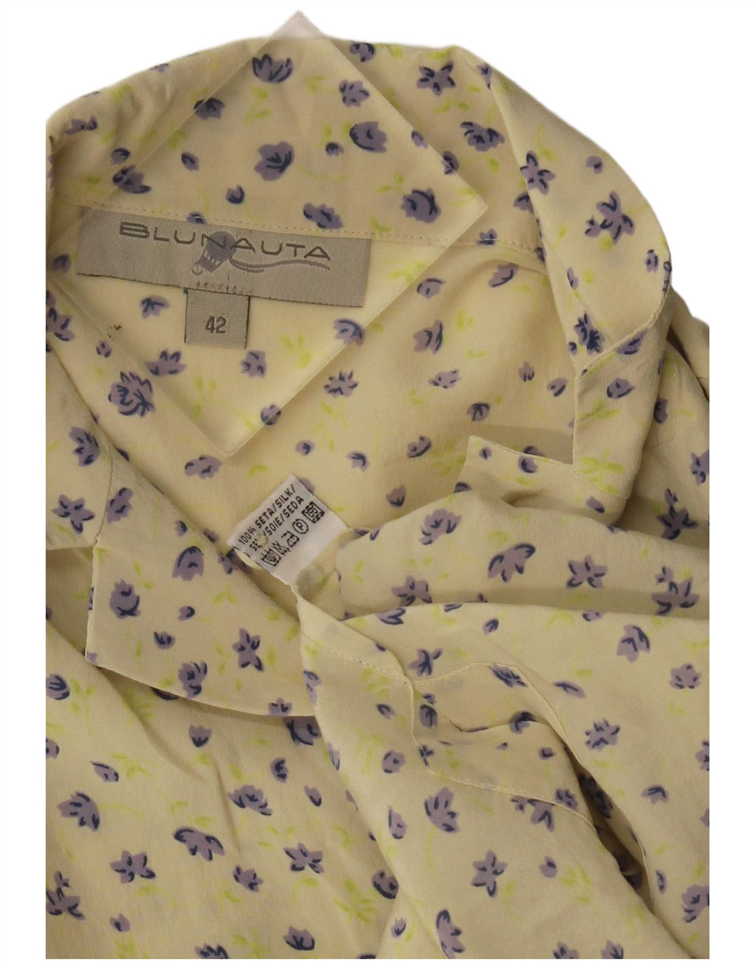 Blunauta Womens Short Sleeve Shirt Blouse IT 42 Medium Yellow Floral Silk