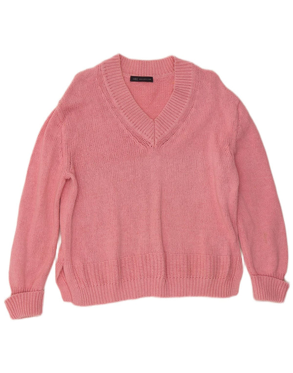Marks & Spencer Womens V-Neck Jumper Sweater UK 14 Medium Pink Cotton
