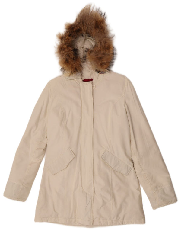 Canadian Womens Hooded Padded Coat IT 44 Medium Off White Cotton