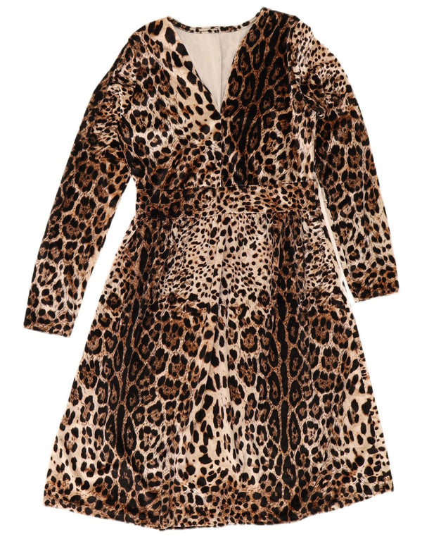 Vintage Womens A-Line Dress UK 10 Small Beige Animal Print Polyester