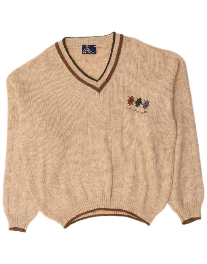 BRESCI Mens V-Neck Jumper Sweater XL Beige Acrylic