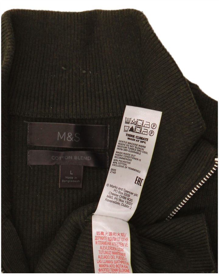 MARKS & SPENCER Mens Zip Neck Jumper Sweater Large Khaki Polyester