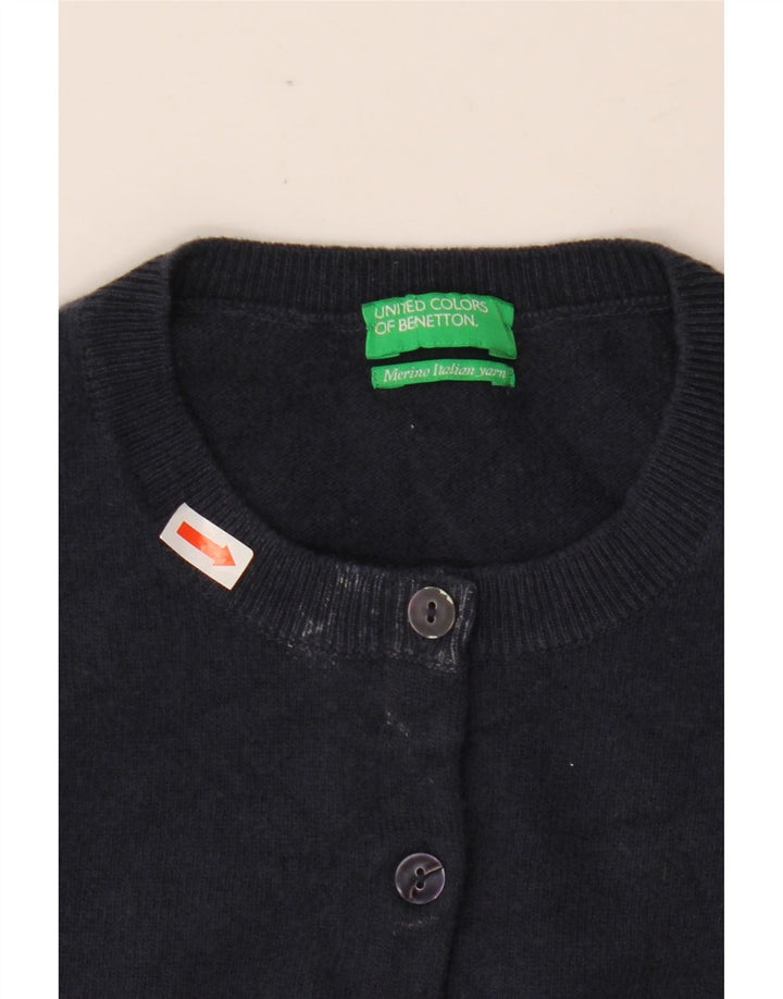 BENETTON Womens Crop Cardigan Sweater UK 6 XS Navy Blue Merino Wool