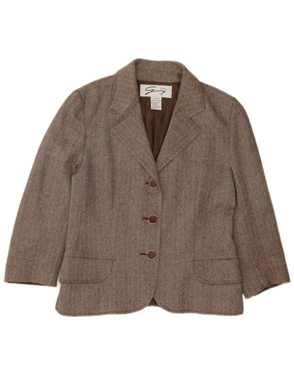 Genny Womens 3 Button Blazer Jacket UK 16 Large Brown Herringbone Wool
