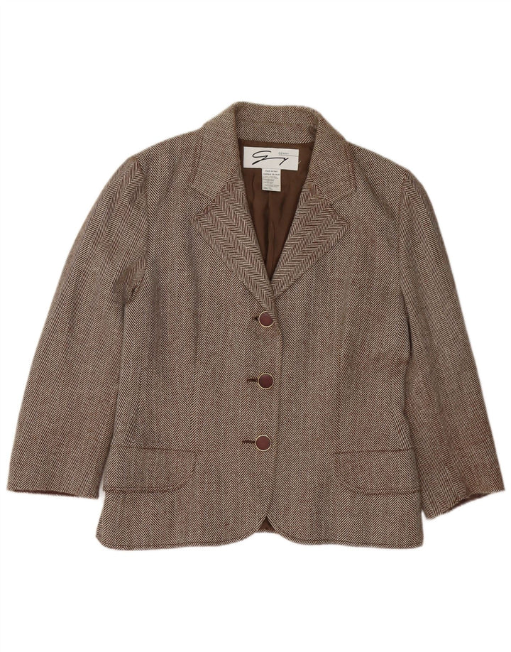 Genny Womens 3 Button Blazer Jacket UK 16 Large Brown Herringbone Wool