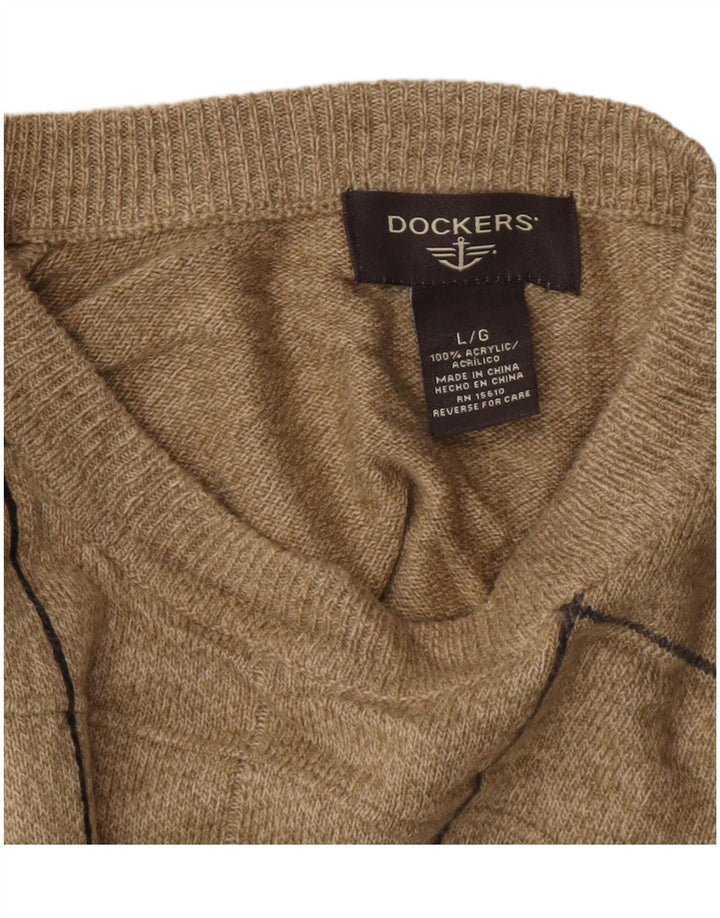 DOCKERS Mens Crew Neck Jumper Sweater Large Beige Check Acrylic