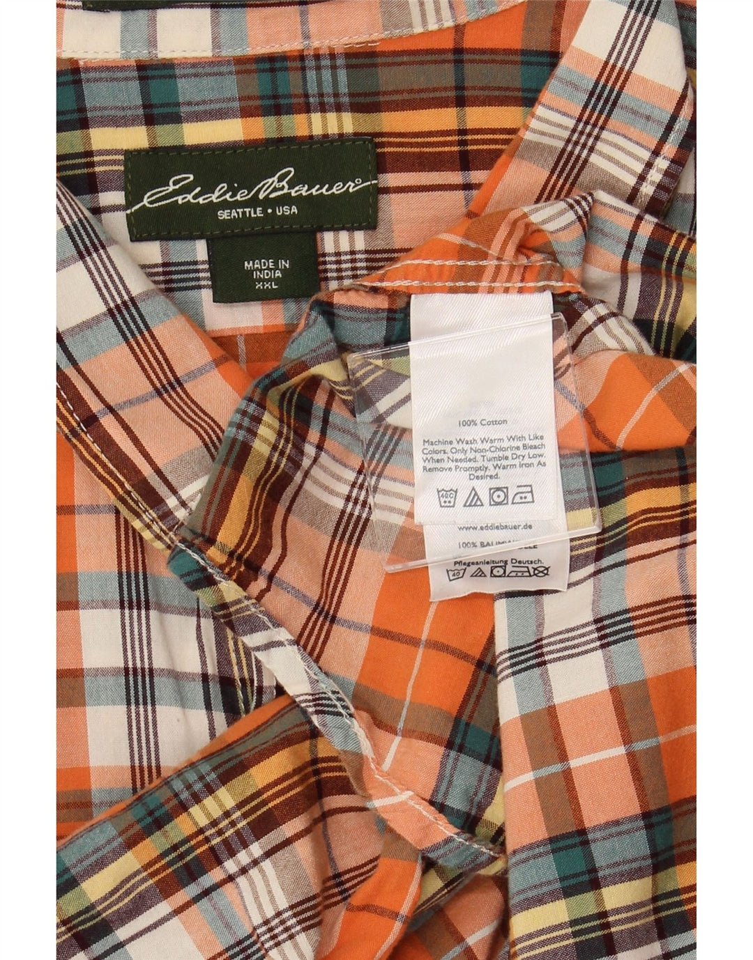 EDDIE BAUER Mens Short Sleeve Shirt 2XL Orange Check Cotton