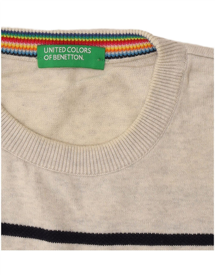 Benetton Mens Crew Neck Jumper Sweater Medium Grey Striped
