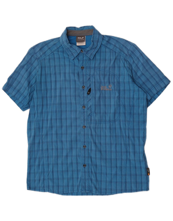 Jack Wolfskin Mens Short Sleeve Shirt UK 40/42 Large Blue Check Polyamide