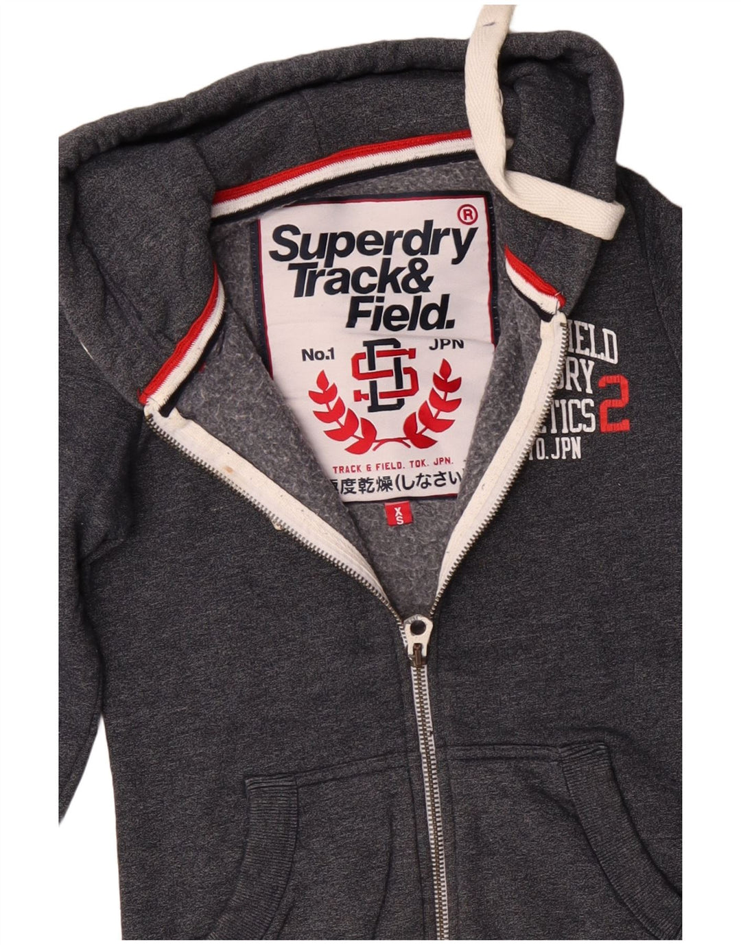 SUPERDRY Mens Track & Field Graphic Zip Hoodie Sweater XS Grey Cotton