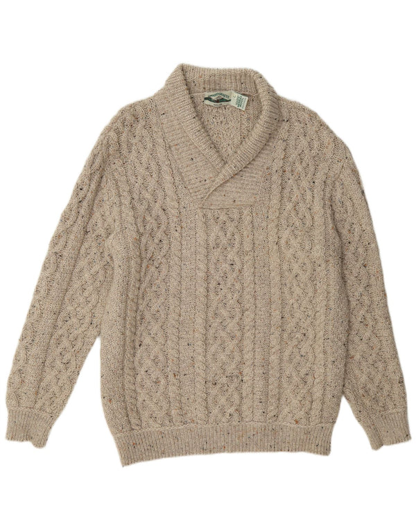 Aran Crafts Mens Shawl Neck Jumper Sweater Large Beige Flecked Wool