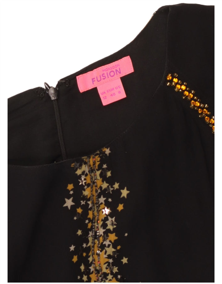 MONSOON Womens Abstract Pattern 3/4 Sleeve A-Line Dress UK 12 Medium Black