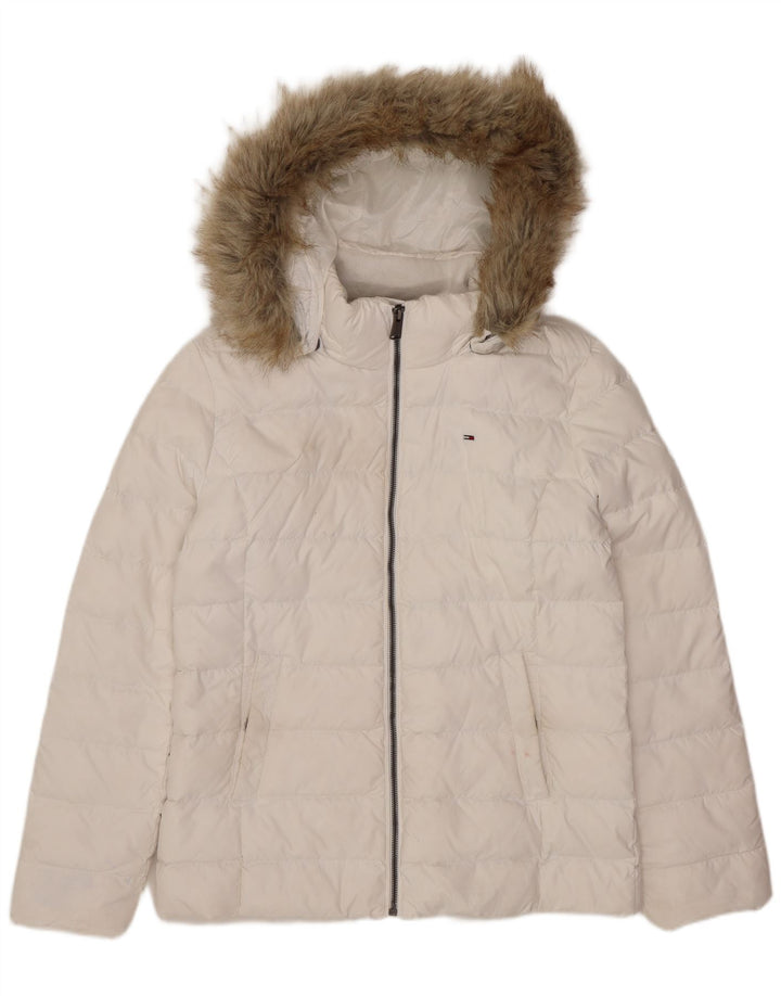 Tommy Hilfiger Womens Hooded Padded Jacket UK 16 Large White Polyester