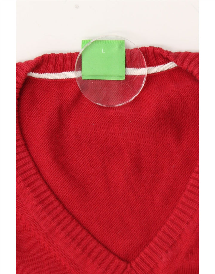 HUGO BOSS Mens Graphic V-Neck Jumper Sweater Large Red Colourblock