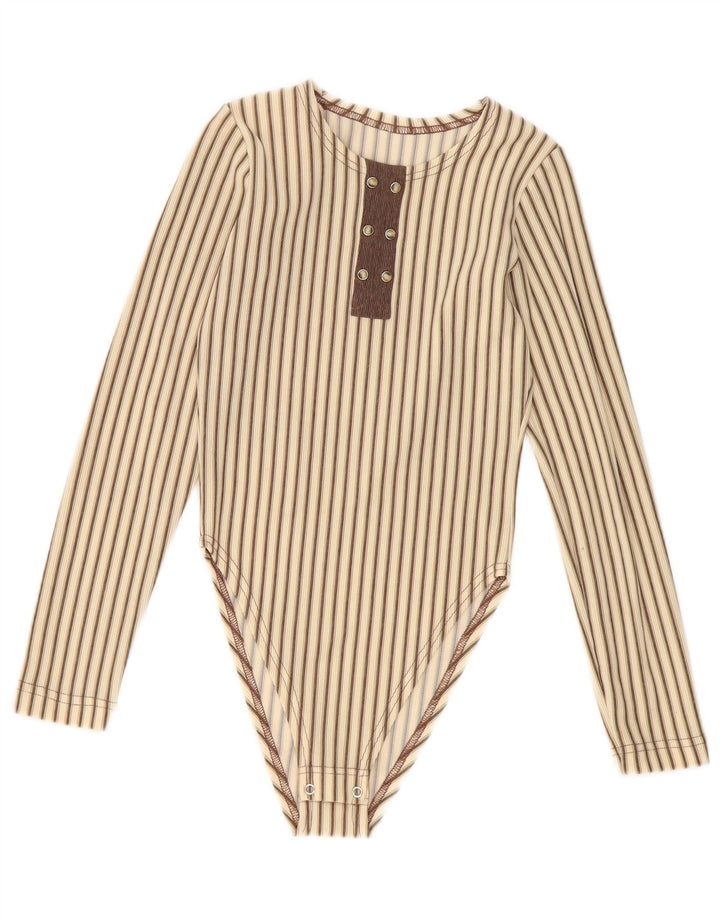 Vintage Womens Bodysuit UK 8 Small Beige Striped