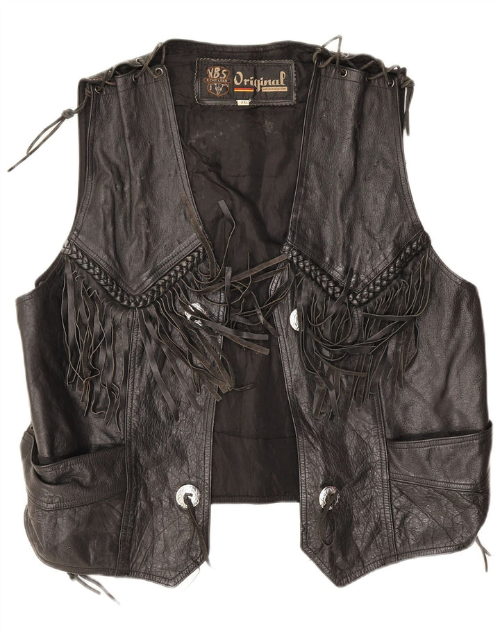 Vintage Womens Leather Waistcoat UK 20 2XL Black Leather