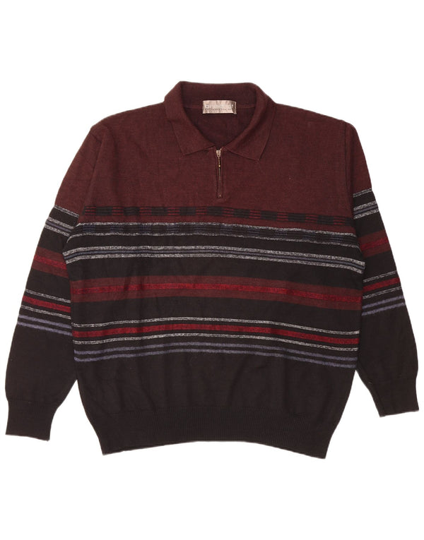 BREIDHOF Mens Polo Neck Jumper Sweater Large Burgundy Striped Wool