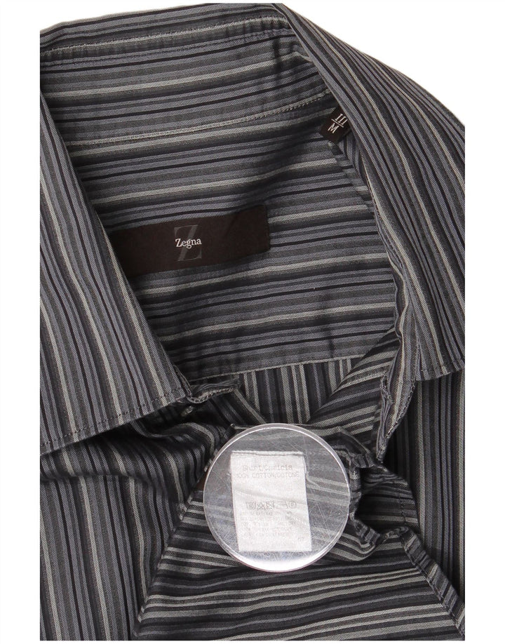 Zegna Mens Shirt Medium Grey Striped Cotton
