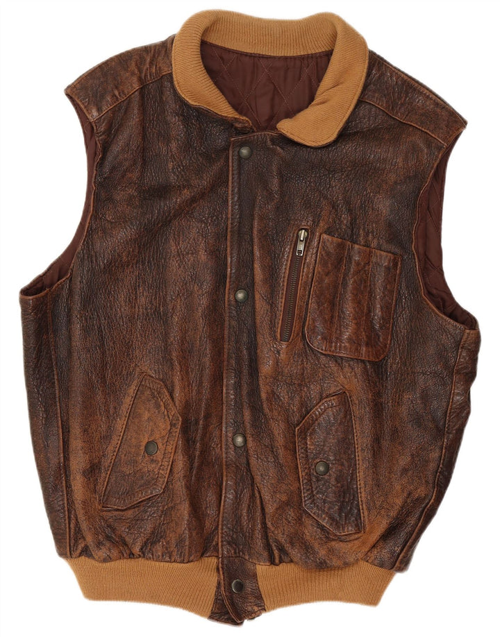 Vintage Mens Leather Gilet UK 38 Medium Brown