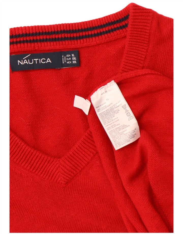 NAUTICA Mens V-Neck Jumper Sweater XL Red Cotton