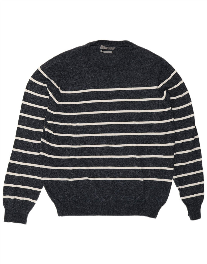 Marks & Spencer Mens Crew Neck Jumper Sweater Large Navy Blue Striped