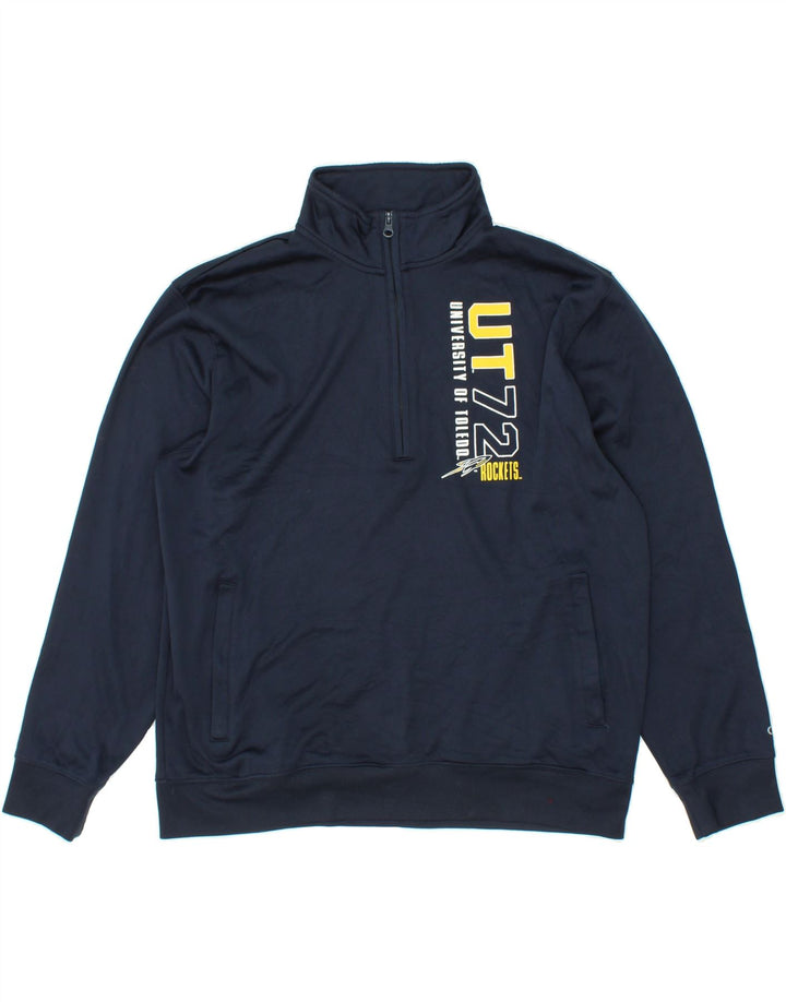CHAMPION Mens Graphic Zip Neck Sweatshirt Jumper XL Navy Blue Polyester Vintage Champion and Second-Hand Champion from Messina Hembry 