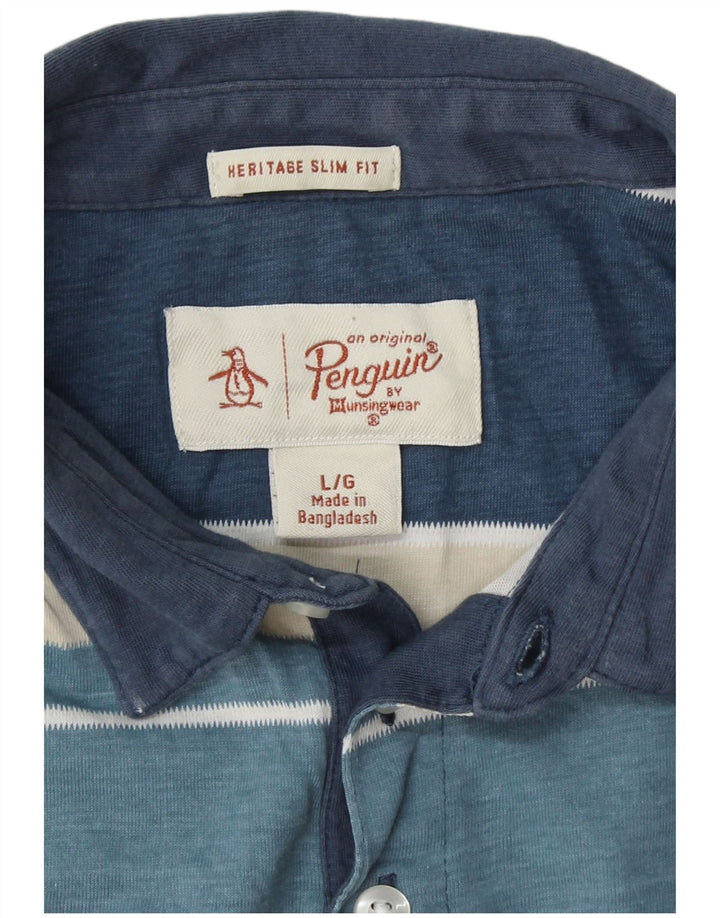 PENGUIN Mens Heritage Slim Fit Polo Shirt Large Blue Colourblock