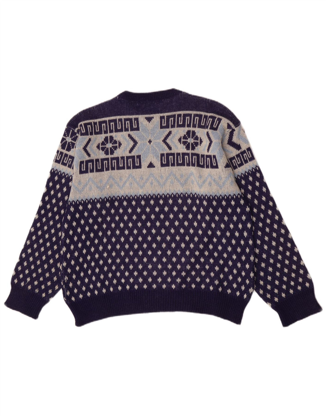 Vintage Mens Crew Neck Jumper Sweater Medium Navy Blue Geometric