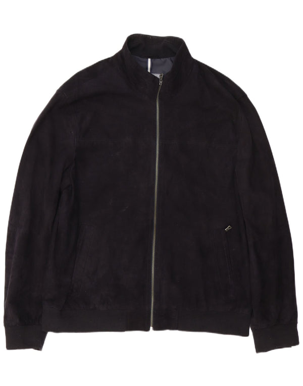 Christian Berg Mens Bomber Suede Jacket UK 46 3XL Navy Blue Leather