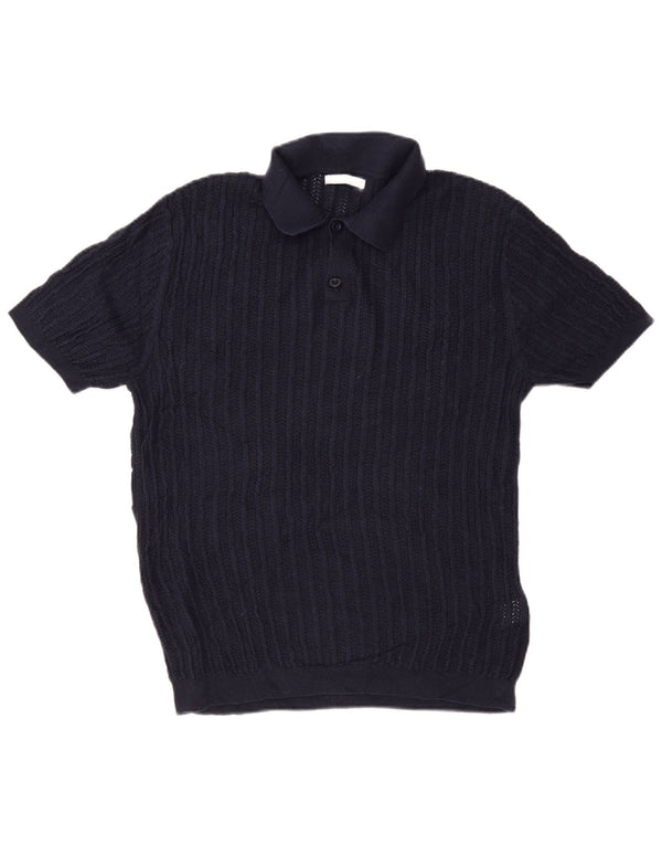 Zara Mens Short Sleeve Polo Neck Jumper Sweater Large Navy Blue Cotton