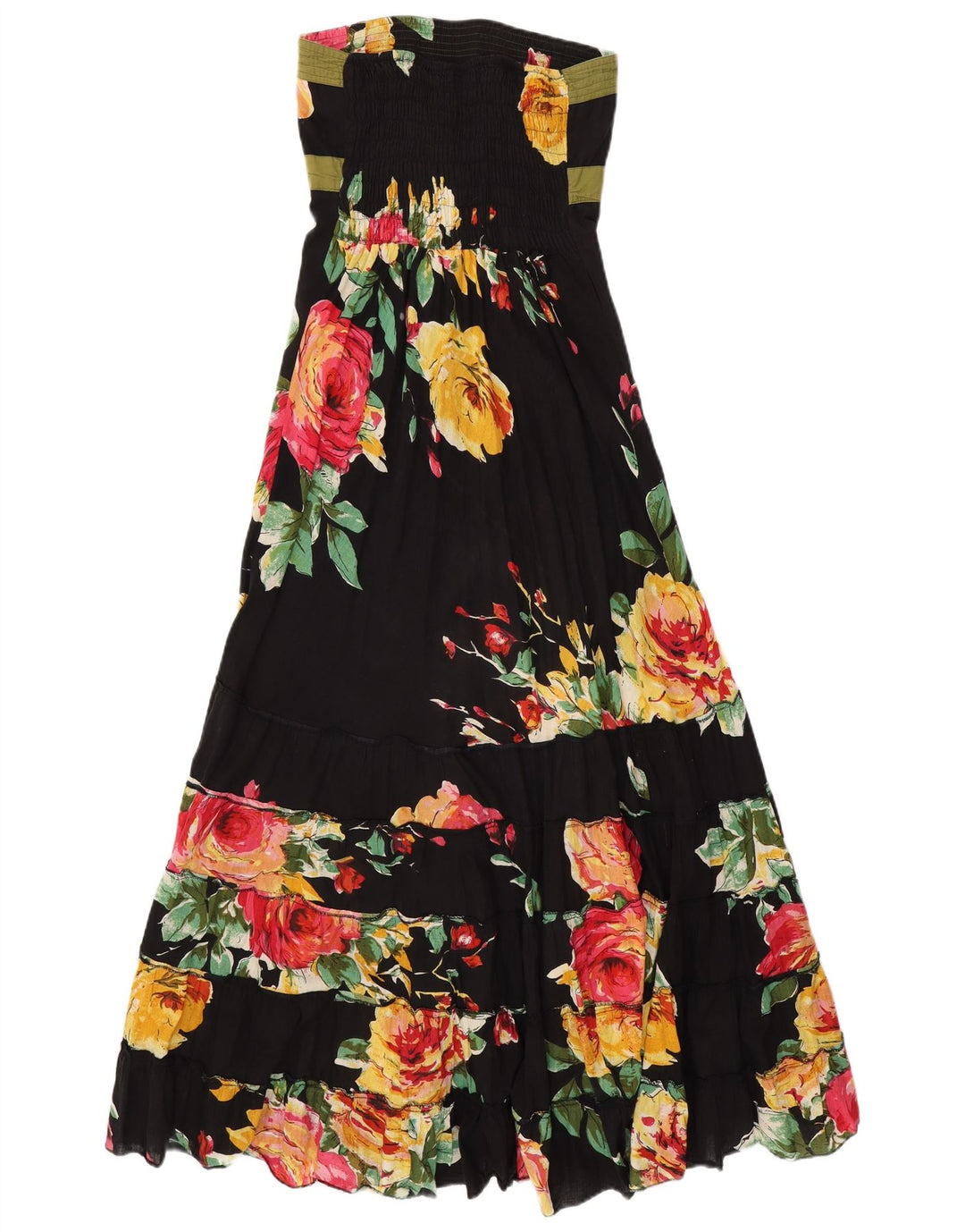 VINTAGE Womens Maxi Strapless Dress UK 14 Medium Black Floral Cotton