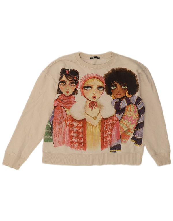 Zara Womens Graphic Oversized Sweatshirt Jumper UK 10 Small Off White
