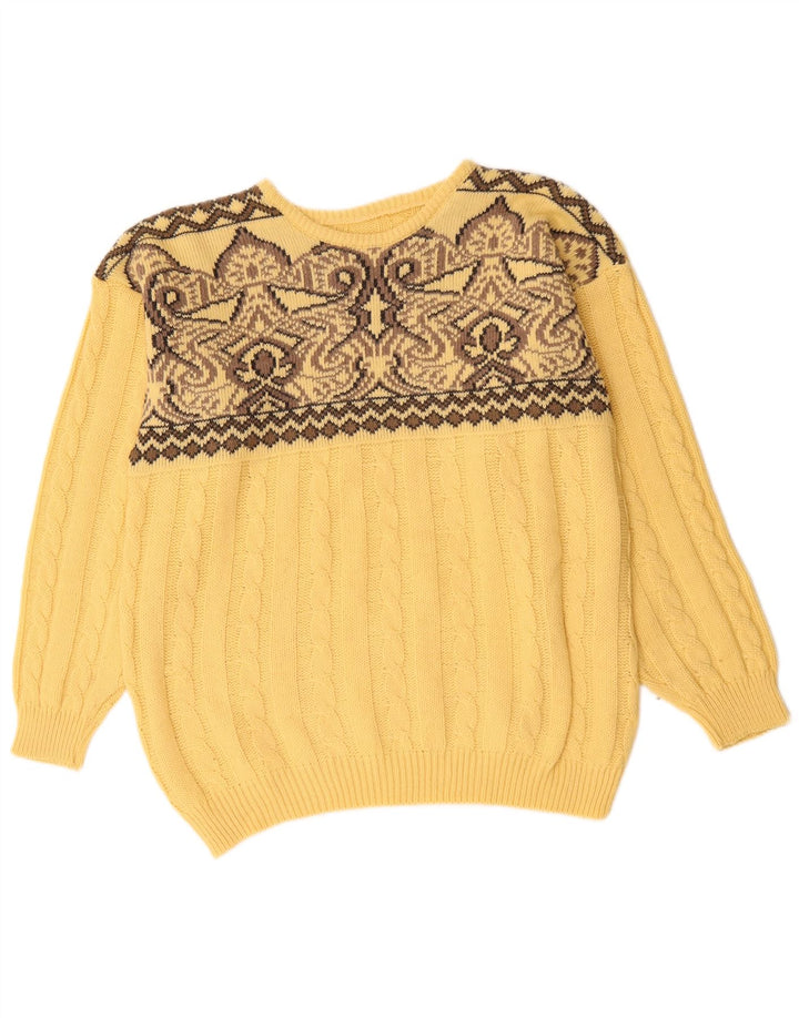 VINTAGE Mens Crew Neck Jumper Sweater Large Yellow Fair Isle Wool