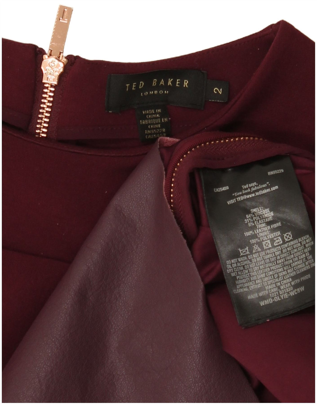 TED BAKER Womens 3/4 Sleeve Shift Dress Size 2 Small Burgundy Viscose