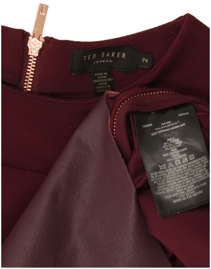TED BAKER Womens 3/4 Sleeve Shift Dress Size 2 Small Burgundy Viscose