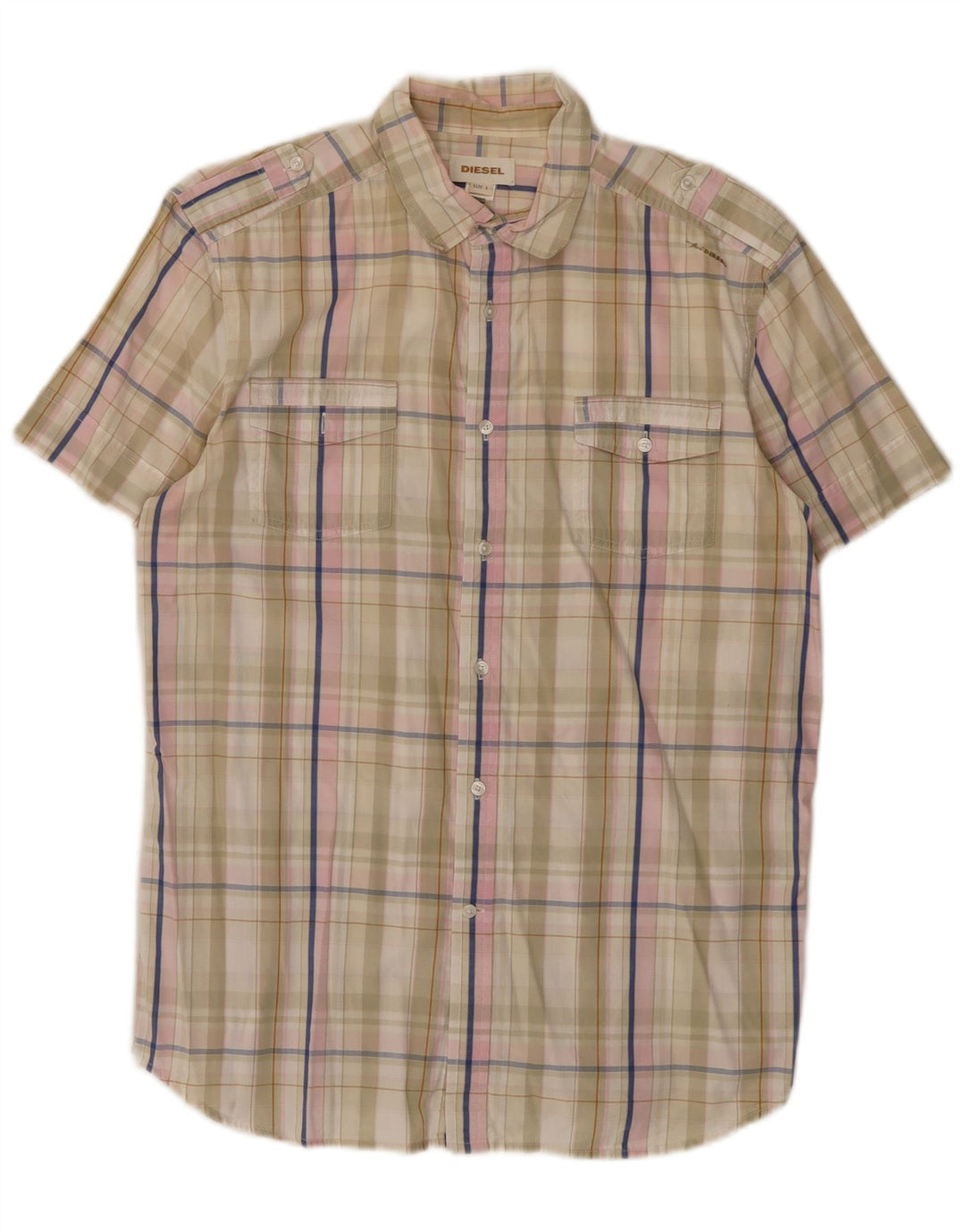 Diesel Mens Short Sleeve Shirt Large Beige Check Cotton